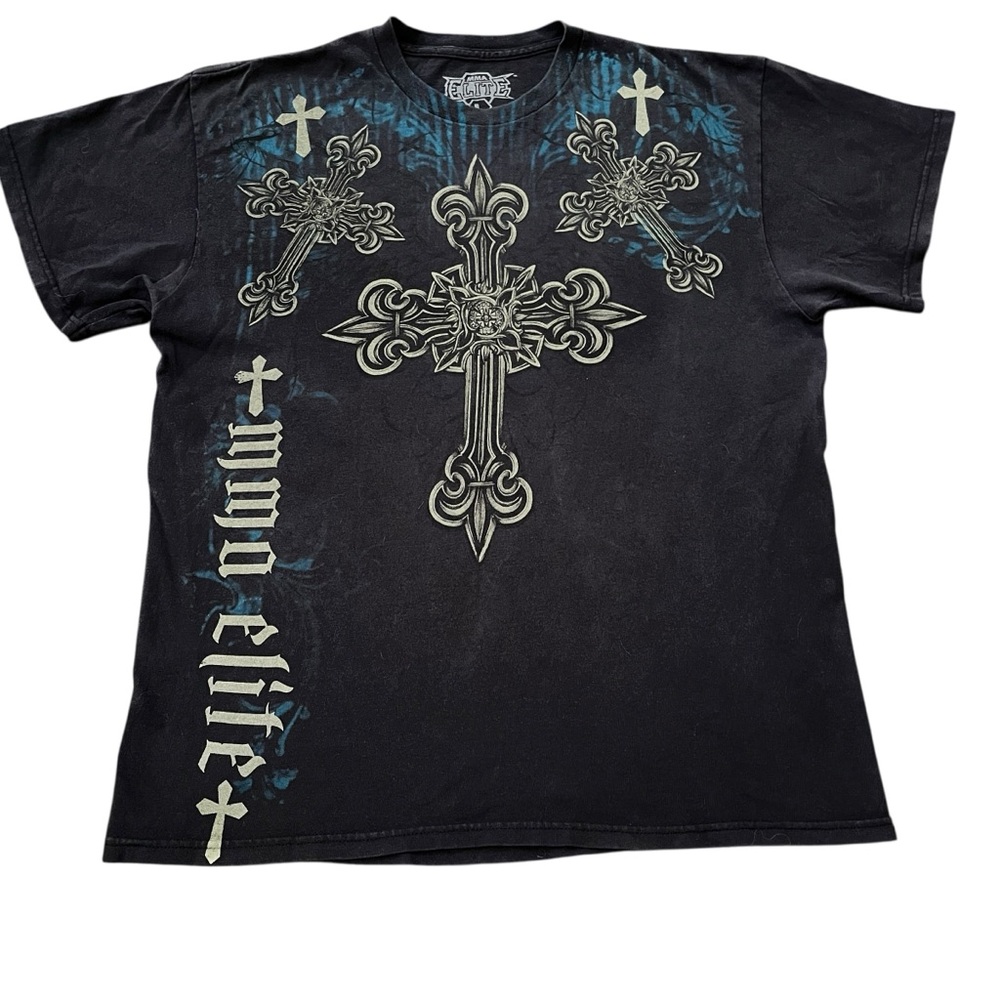 MMA Elite Mens L Black Graphic T-shirt Cross  Gothic Y2K Streetwear VTG